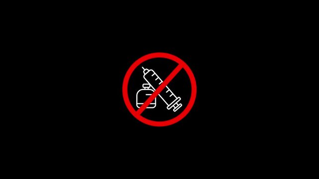Prohibition symbol featuring a syringe and medicine bottle crossed out with a bold red circle and slash on a black background. Minimal medical warning