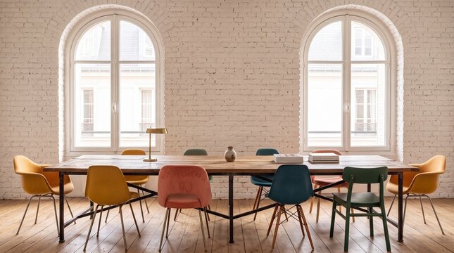 Modern Meeting Room Interior with Colorful Chairs and Arched Windows