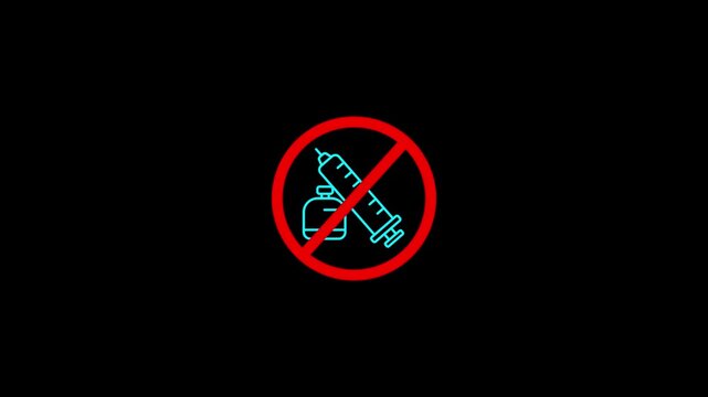 Prohibition symbol featuring a syringe and medicine bottle crossed out with a bold red circle and slash on a black background. Minimal medical warning