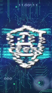 Animation of digital shield with padlock and block chain over binary code and navy background