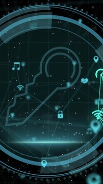 Animation of cyber security and key in circle over network of connections on black background