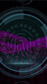Animation of data protection and fingerprint in circle over wave on black background