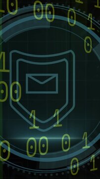 Animation of cyber security and shield with email in circle over binary code on black background