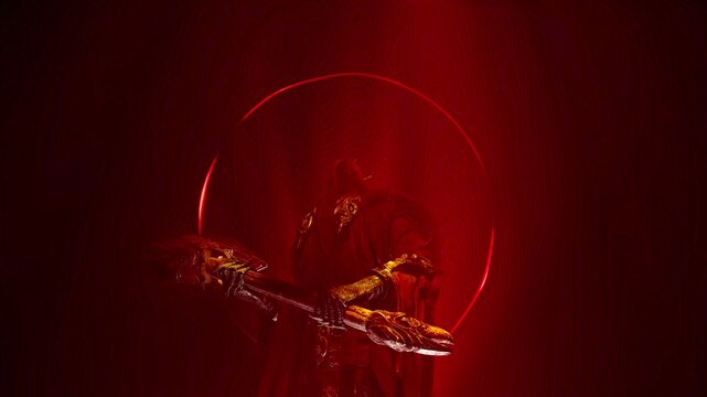 Animated 3D Render of Hooded Executioner Warrior Posing in Front of Red Halo Ring