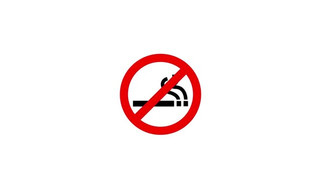 Bold red no smoking prohibition symbol featuring a black cigarette and smoke icon on a bright White background. Simple warning and safety graphic representing smoking prohibition, tobacco-free areas,