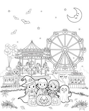 Cute halloween theme coloring page with children in costumes standing by a pumpkin and amusement rides ferris wheel line art black and white book page
