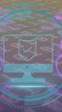 Animation of data processing and computer icon over black background