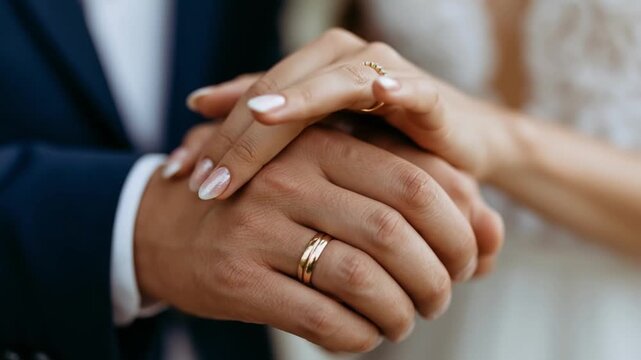 Close-up of a newly married couple gently holding each other's hands, with a diamond engagement. Ai generated