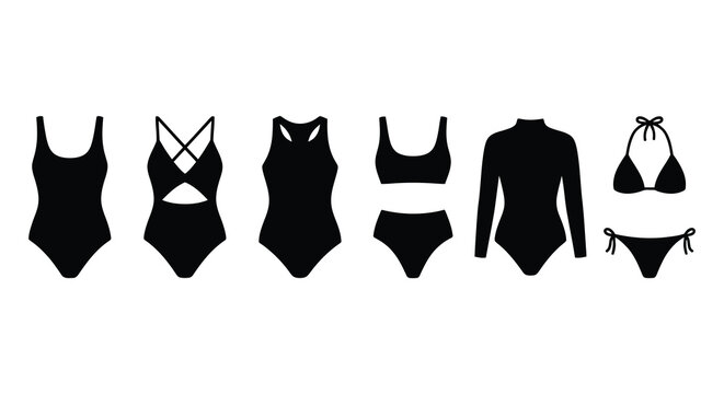 Black silhouette swimwear collection against a white background
