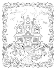 Obraz premium Detailed outline drawing of a victorian house surrounded by floral border frame for coloring page with line art black and white architecture building
