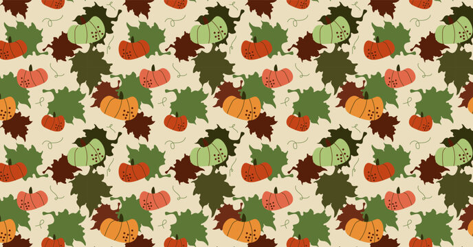Vector Seamless autumn pattern with pumpkins, oak leaves, and curling vines. Seasonal harvest background for Thanksgiving greeting card, textile, wrapping paper, and surface design.