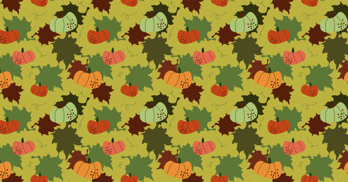 Vector Seamless autumn pattern with pumpkins, oak leaves, and curling vines. Seasonal harvest background for Thanksgiving greeting card, textile, wrapping paper, and surface design.