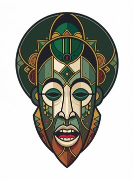 Traditional African Tribal Ceremonial Mask Illustration with Geometric Patterns