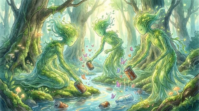 Nature spirits cleaning polluted forest stream.