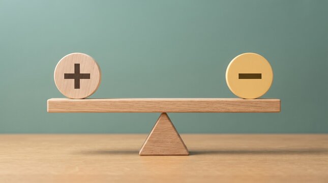 Scales balancing plus and minus symbols on wooden blocks with soft green lighting backdrop.