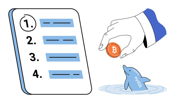 Hand holding a bitcoin coin near a MySQL dolphin mascot and a numbered checklist vector illustration. Cryptocurrency, database management, digital finance, web development, blockchain, tech. Human