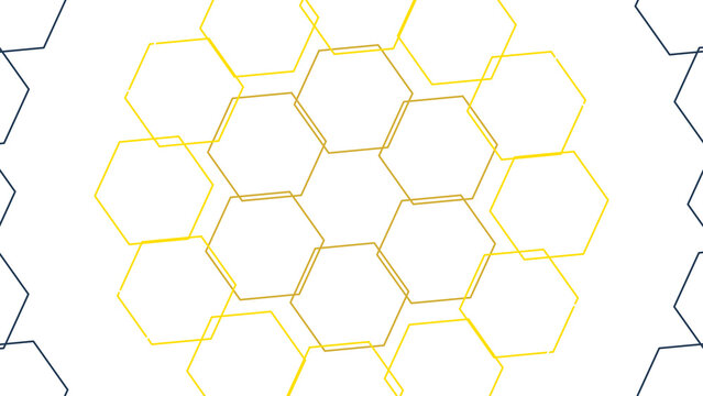 Abstract geometric pattern featuring interlocking hexagonal lines in bright yellow and clean white on black