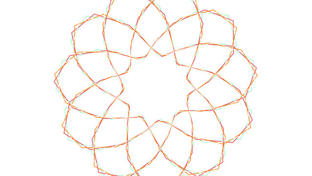 Abstract geometric mandala pattern featuring thin colorful glowing lines on a deep black light surface