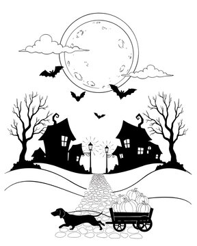 Spooky halloween silhouette illustration with haunted houses bats full moon and dog pulling wagon haunted house bare trees street lamps halloween silhouette