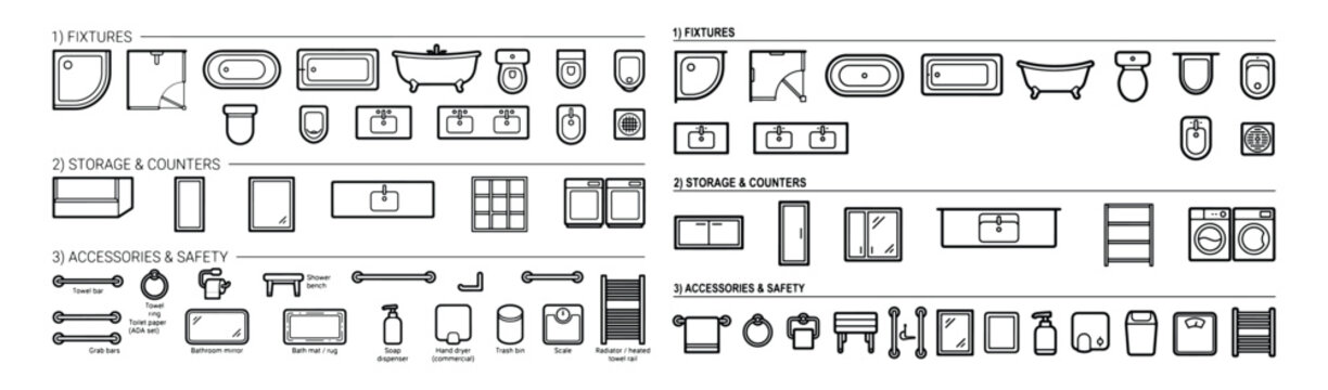 Bathroom Fixtures And Plumbing Symbols Set For Floor Plans And Architectural Drawings