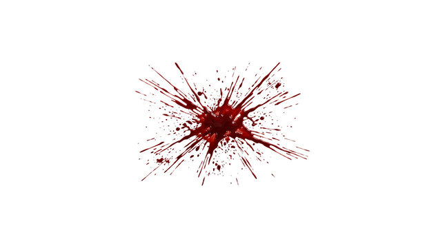 A highly realistic blood splatter effect is shown isolated on a completely transparent background for compositing