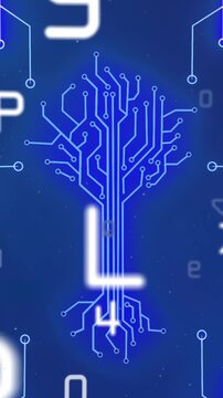 Animation of integrated circuit over numbers and letters on digital screen