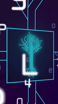 Animation of integrated circuit over numbers and letters on digital screen