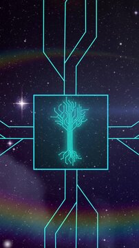 Animation of integrated circuit over lights and stars in digital space