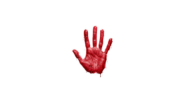 A realistic and frightening bloody handprint is shown isolated against a completely transparent backdrop