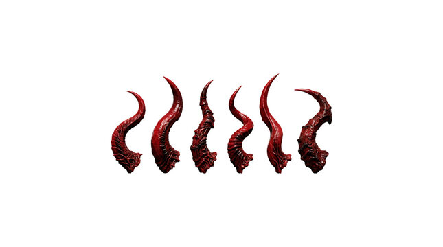 Set of four realistic dark red devil horns isolated on transparent background