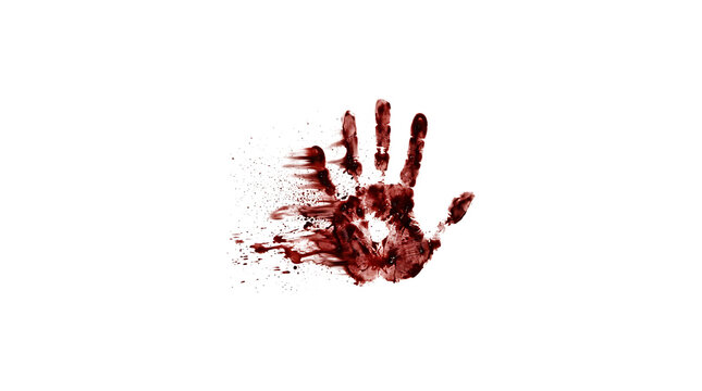 A realistic and graphic bloody handprint is shown isolated on a completely transparent background for design use