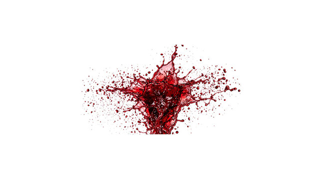 Dynamic red splash with scattered droplets and particles isolated on transparent background