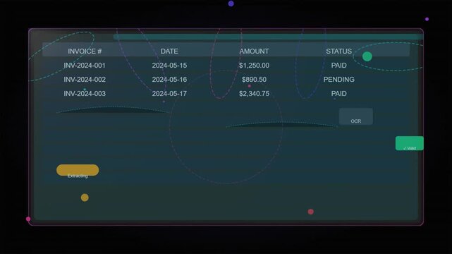 Digital Invoice Table Display with Status Indicators and UI Elements