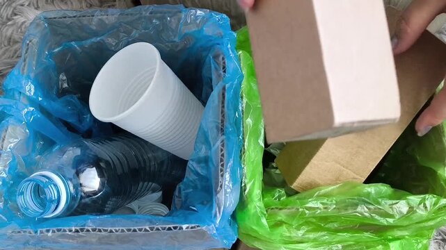 Woman separating plastic, cardboard and paper waste into recycling containers at home, waste sorting and environmental awareness concept.