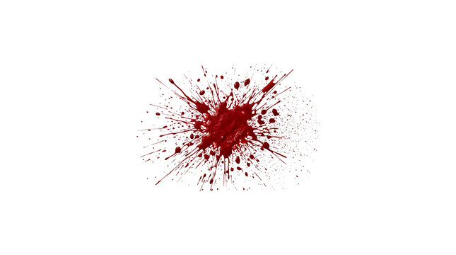 A realistic blood splatter spray effect is shown isolated on a completely transparent background for compositing