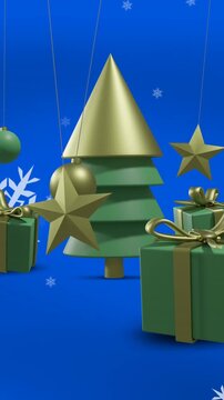 Animation of christmas trees and decorations on blue background