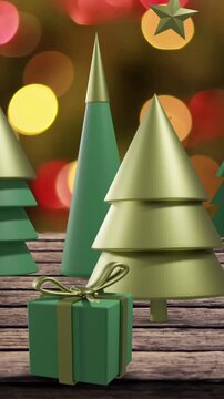 Animation of christmas trees and decorations on wooden background