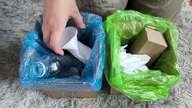 Woman sorting plastic waste into recycling container at home, responsible waste management, sustainable living and environmental protection.