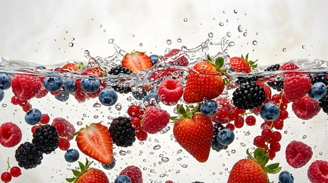 Assorted fresh berries splashing in clear water with currants