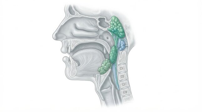This shows the lymphatic system with a focus on Waldeyers ring anatomy, including lymph nodes and vessels.