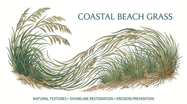 Very beautiful realistic vector of a wave-like design of sea oats and beach grass, featuring flowing coastal vegetation, natural textures, shoreline restoration, erosion prevention, COASTAL BEACH GRAS
