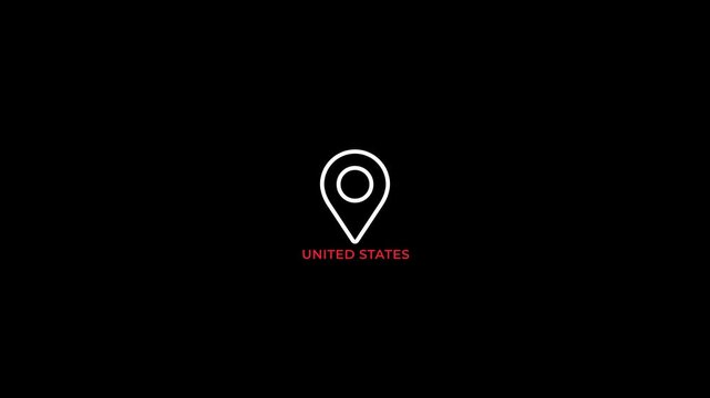Animated Location Pin Icon Revealing United States Text on Black Background for GPS Navigation Travel Mapping and Digital Wayfinding Motion Graphics
