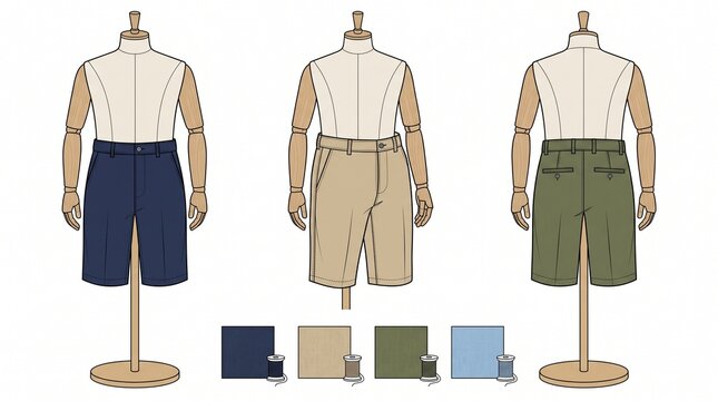 Technical fashion drawing of mens casual chino shorts with shirt on mannequins clothing mannequin technical menswear