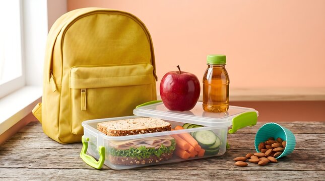 Healthy school lunch packed in a container featuring a sandwich, apple, and juice next to a yellow backpack on a wooden table for back to school and healthy lifestyle concept.