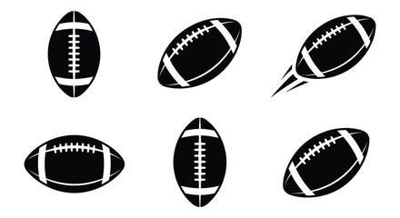 Naklejka premium Black vector illustrations of american footballs in various arrangements