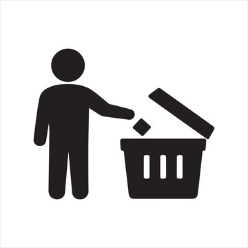 Person dropping object into trash can icon for waste disposal.
