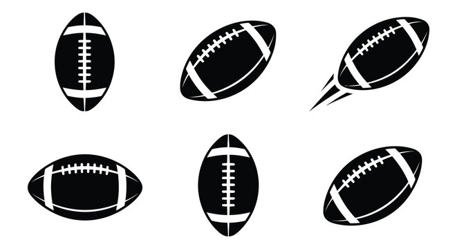 Black vector illustrations of american footballs in various arrangements