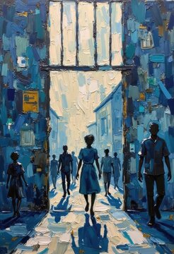 Urban City Street Scene with People Walking Towards Light Open Doorway in Blue Tones