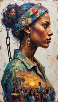 Vibrant Oil Painting of a Woman with Artistic and Cultural Elements