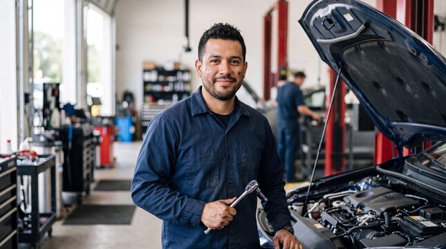 Auto mechanic holding ratchet wrench standing near open car hood in repair shop garage. Hispanic technician performing preventive maintenance and vehicle inspection service.